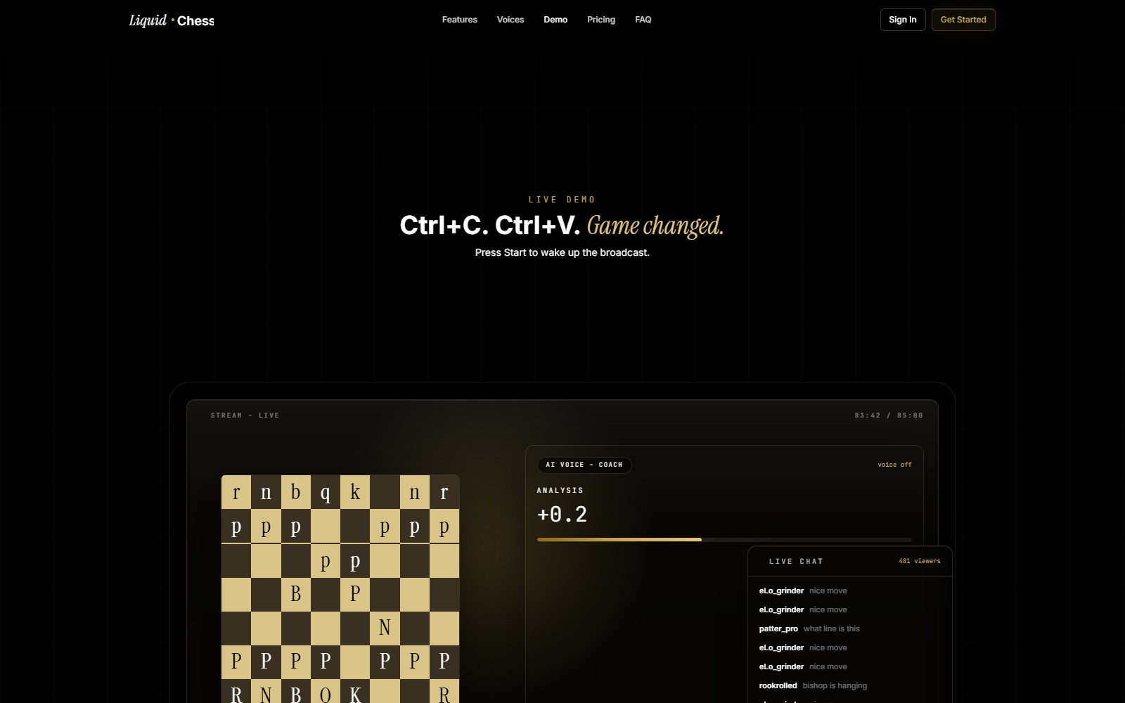 LiquidChess live demo board with AI commentary