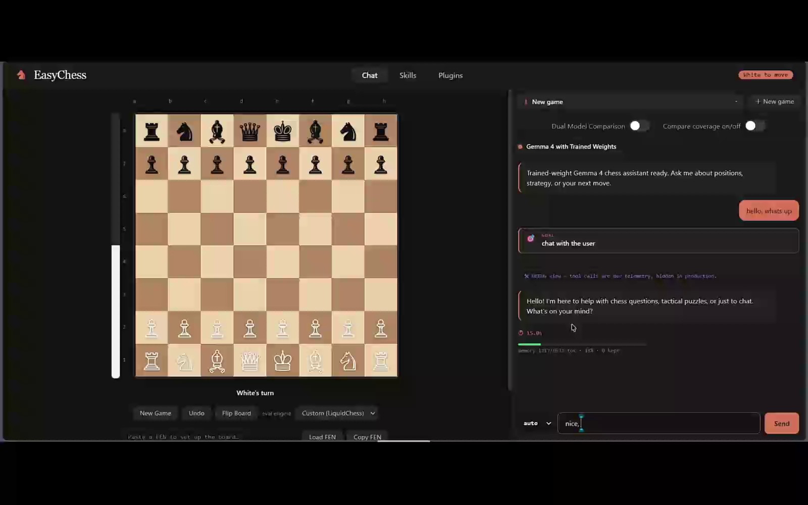 EasyChess: Gemma 4 with trained weights operating a live board alongside skills, plugins, and chat