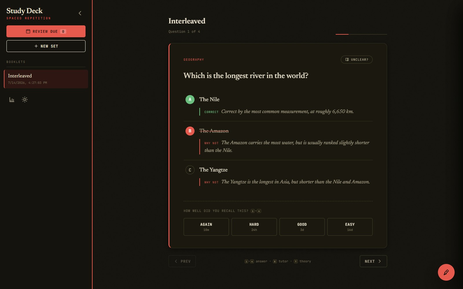 study-deck: an answered question with per-option explanations and FSRS-5 grade buttons